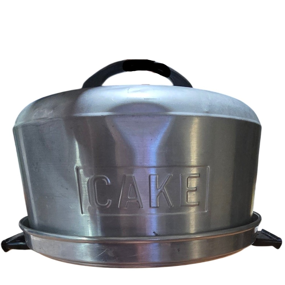 Vintage Kromex Aluminum Cake Carrier Saver Locking Lid Mid Century Modern Silver